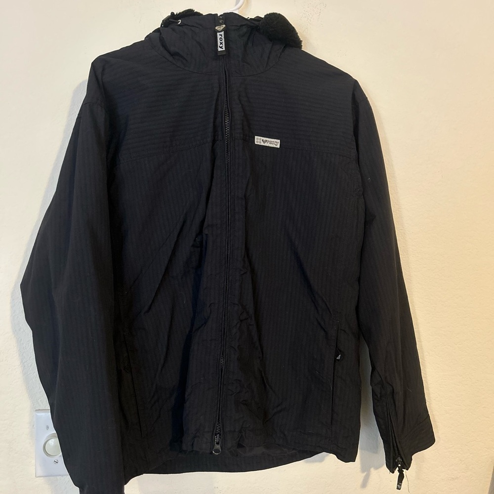 Vintage Retro Y2K Roxy Large Snowboard
Jacket Black Zip Faux Fur Trim hood